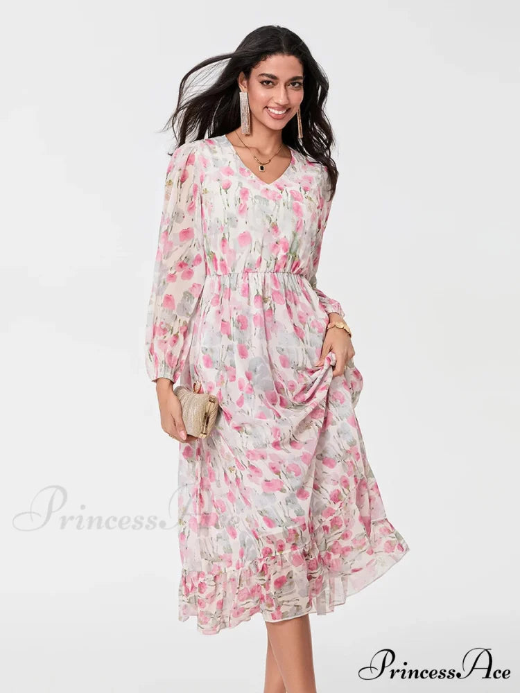 Graceful Botanical Cascading Long Sleeve A-Line Floral Dress floraldress-250126