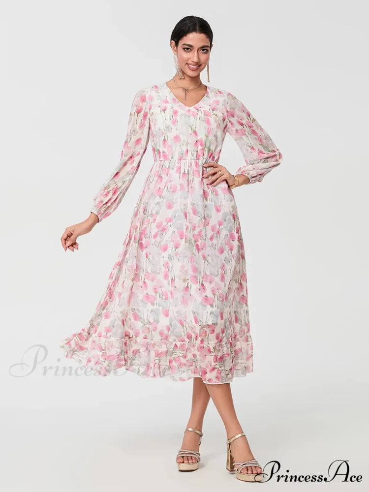 Graceful Botanical Cascading Long Sleeve A-Line Floral Dress floraldress-250126
