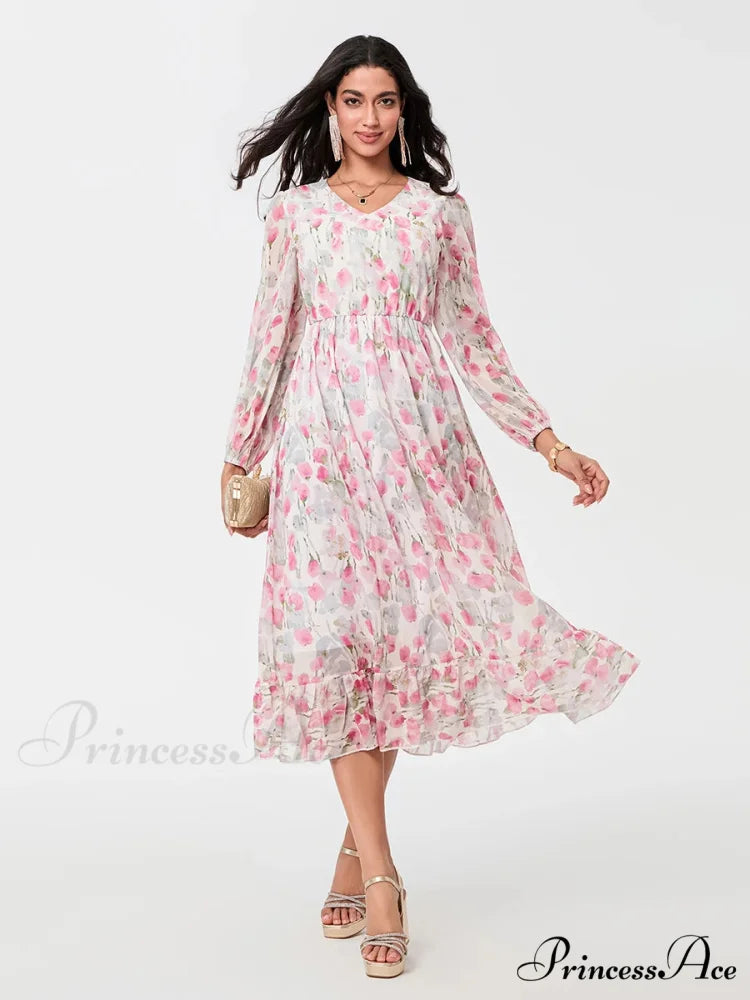 Graceful Botanical Cascading Long Sleeve A-Line Floral Dress Pink / S floraldress-250126
