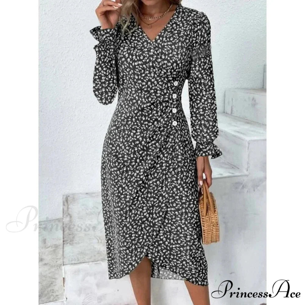 Graceful Flower Midi Puff Sleeve Gathered Waist Flower Dress black B / S oldfloraldress-250126
