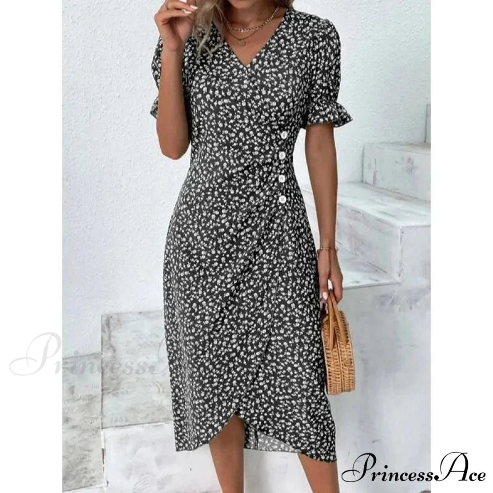 Graceful Flower Midi Puff Sleeve Gathered Waist Flower Dress Black / S oldfloraldress-250126