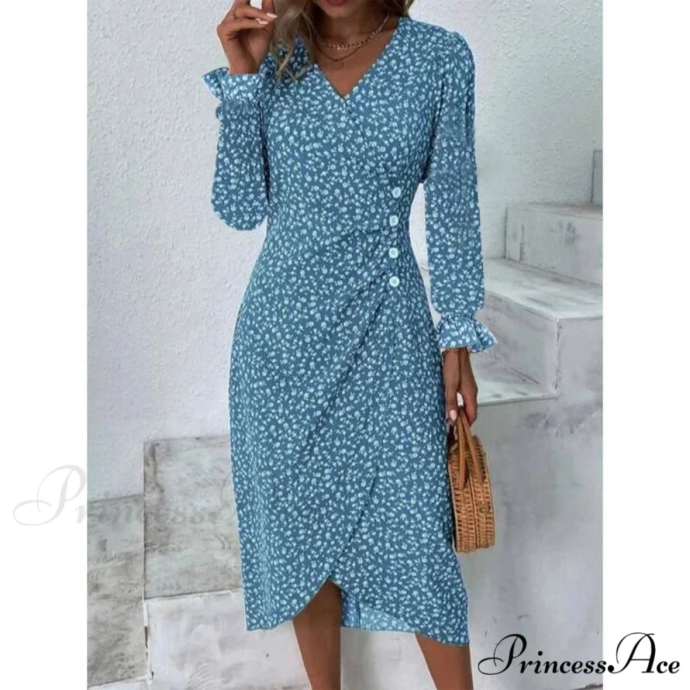 Graceful Flower Midi Puff Sleeve Gathered Waist Flower Dress blue B / S oldfloraldress-250126