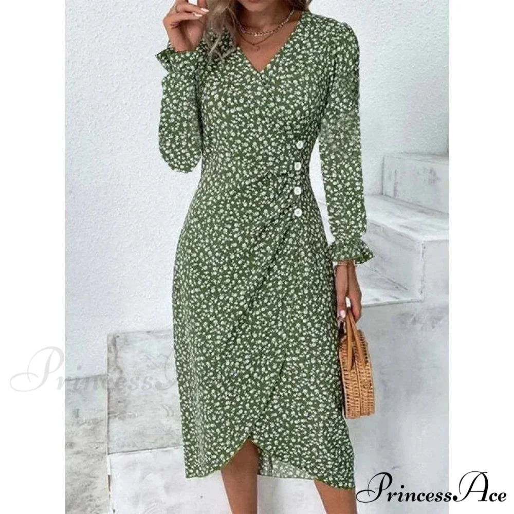 Graceful Flower Midi Puff Sleeve Gathered Waist Flower Dress green B / S oldfloraldress-250126