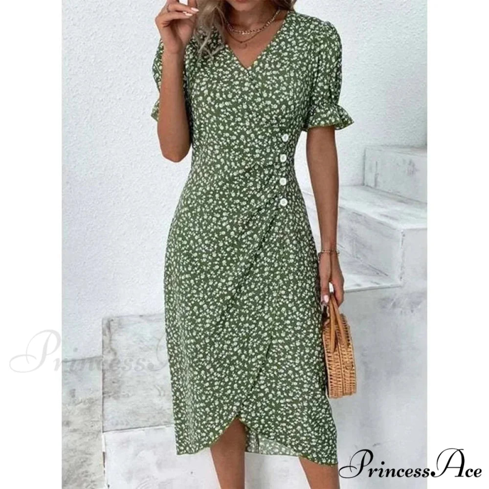 Graceful Flower Midi Puff Sleeve Gathered Waist Flower Dress Green / S oldfloraldress-250126