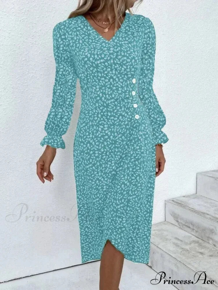 Graceful Flower Midi Puff Sleeve Gathered Waist Flower Dress light blue B / S oldfloraldress-250126