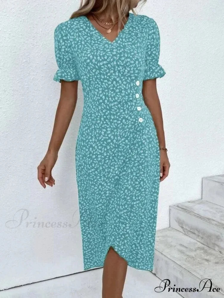 Graceful Flower Midi Puff Sleeve Gathered Waist Flower Dress light blue / S oldfloraldress-250126