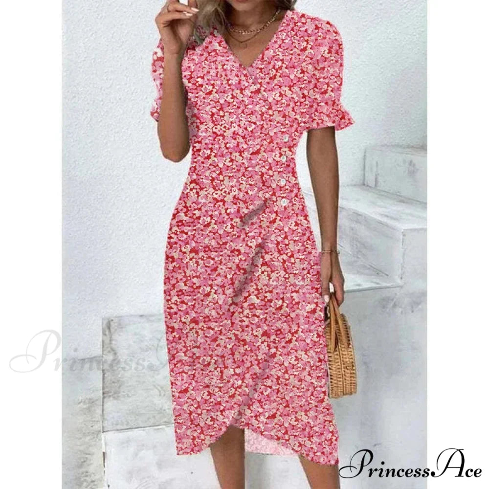 Graceful Flower Midi Puff Sleeve Gathered Waist Flower Dress Red / S oldfloraldress-250126