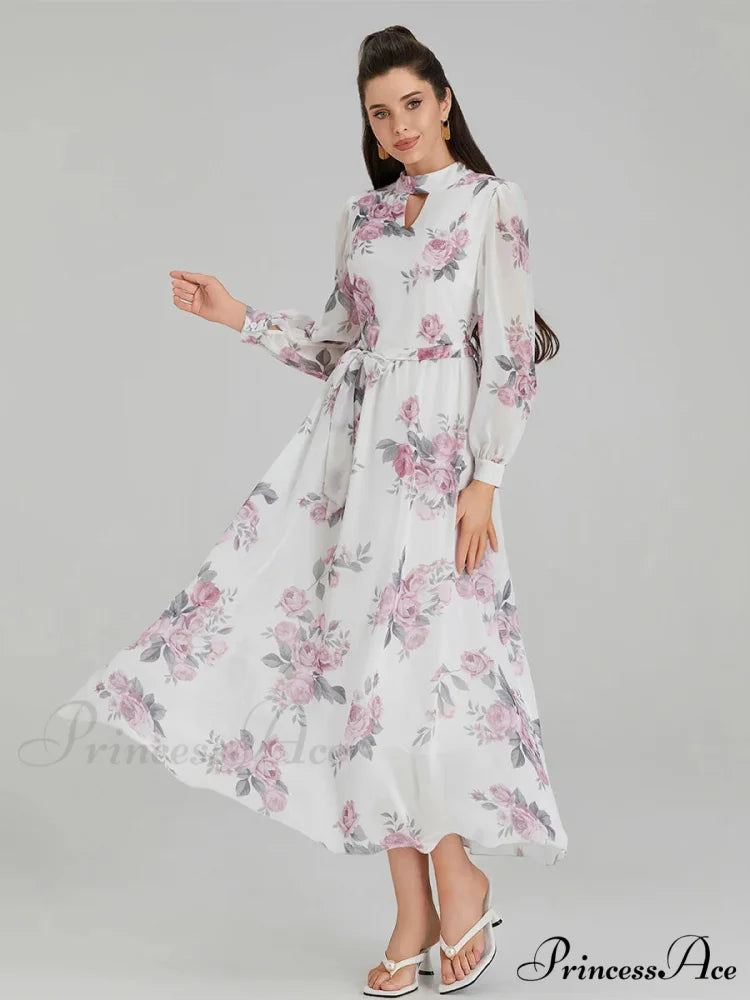 Graceful Flower Pattern Chiffon Long Lantern Sleeve Cinch Waist Flower Dress floraldress-250126