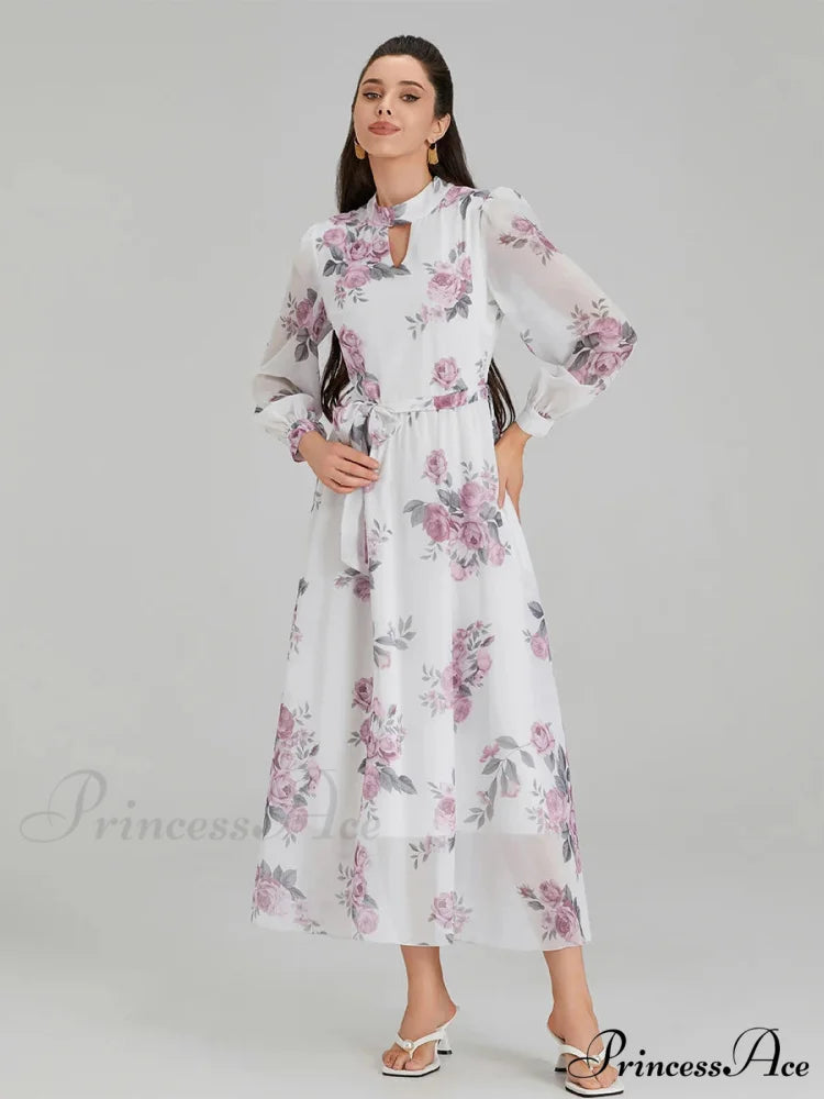 Graceful Flower Pattern Chiffon Long Lantern Sleeve Cinch Waist Flower Dress floraldress-250126