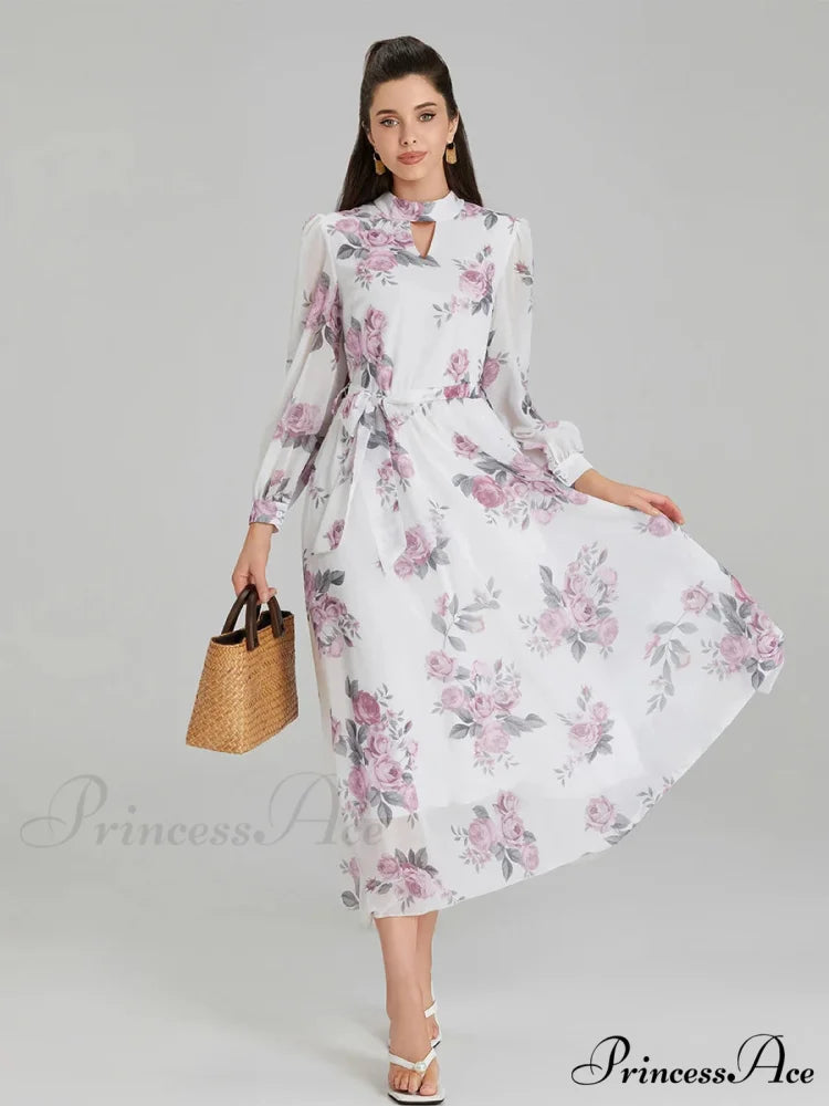 Graceful Flower Pattern Chiffon Long Lantern Sleeve Cinch Waist Flower Dress floraldress-250126