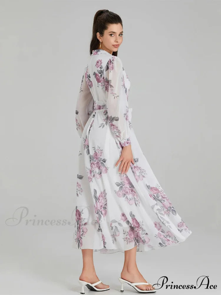 Graceful Flower Pattern Chiffon Long Lantern Sleeve Cinch Waist Flower Dress floraldress-250126