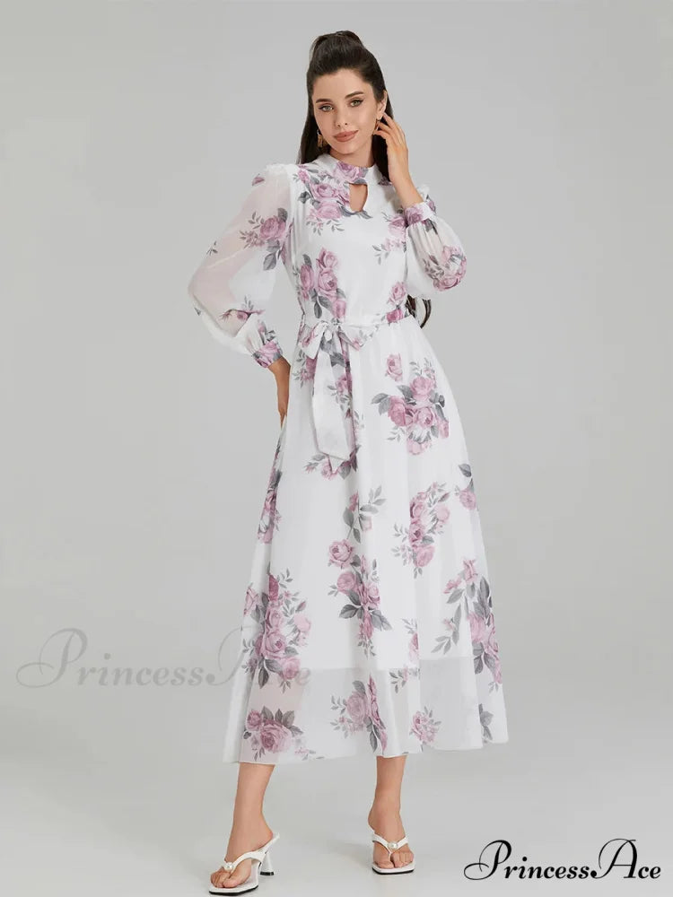 Graceful Flower Pattern Chiffon Long Lantern Sleeve Cinch Waist Flower Dress floraldress-250126