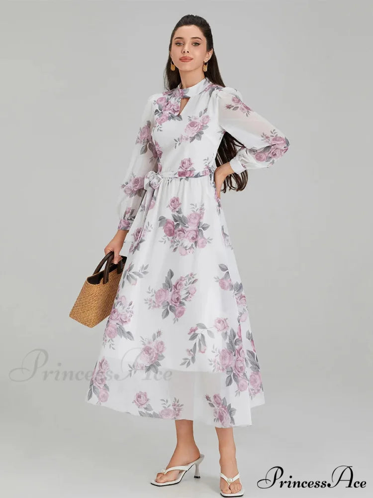 Graceful Flower Pattern Chiffon Long Lantern Sleeve Cinch Waist Flower Dress WHITE / S floraldress-250126