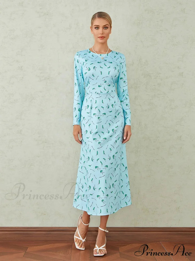 Graceful Flower Pattern Fishtail O-neck Wrap Midi Flower Dress Cyan / S floraldress-250126