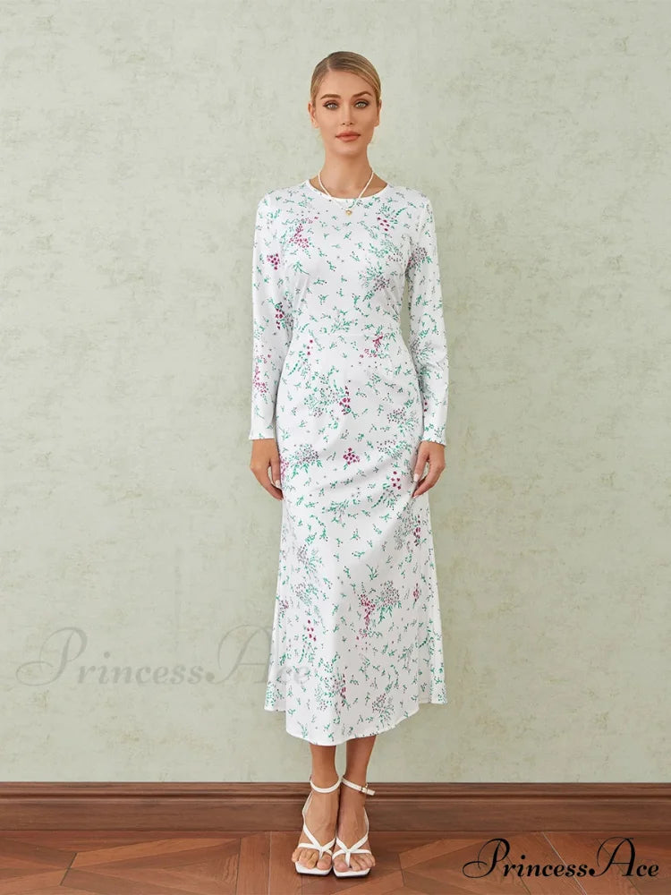 Graceful Flower Pattern Fishtail O-neck Wrap Midi Flower Dress floraldress-250126