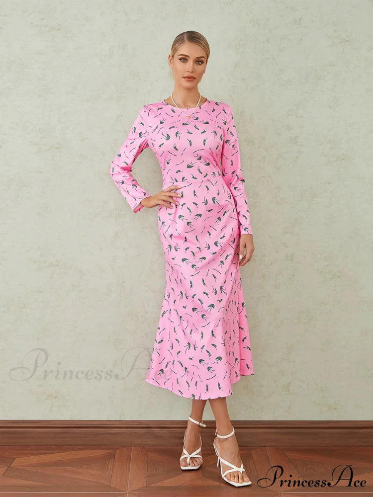 Graceful Flower Pattern Fishtail O-neck Wrap Midi Flower Dress floraldress-250126