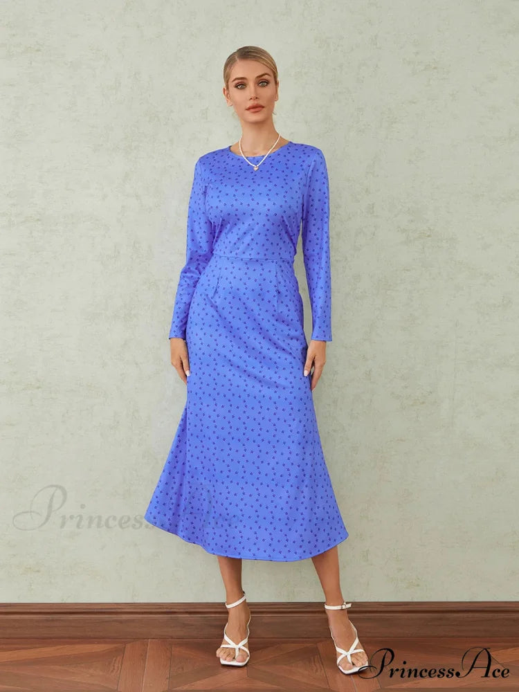 Graceful Flower Pattern Fishtail O-neck Wrap Midi Flower Dress floraldress-250126