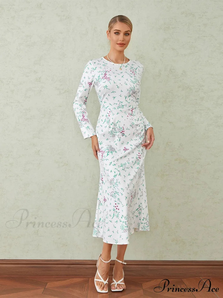 Graceful Flower Pattern Fishtail O-neck Wrap Midi Flower Dress floraldress-250126