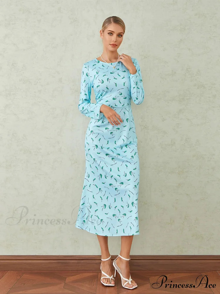Graceful Flower Pattern Fishtail O-neck Wrap Midi Flower Dress floraldress-250126
