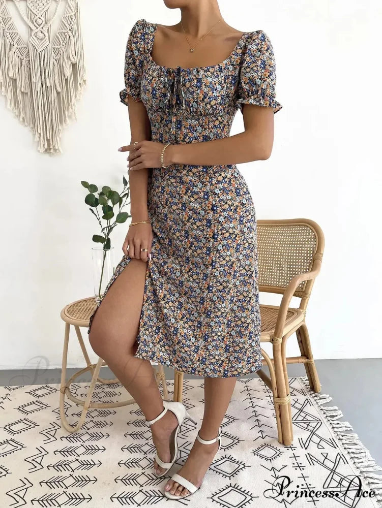 Graceful Folded A-line Floral Print Informal Dress oldfloraldress-250126