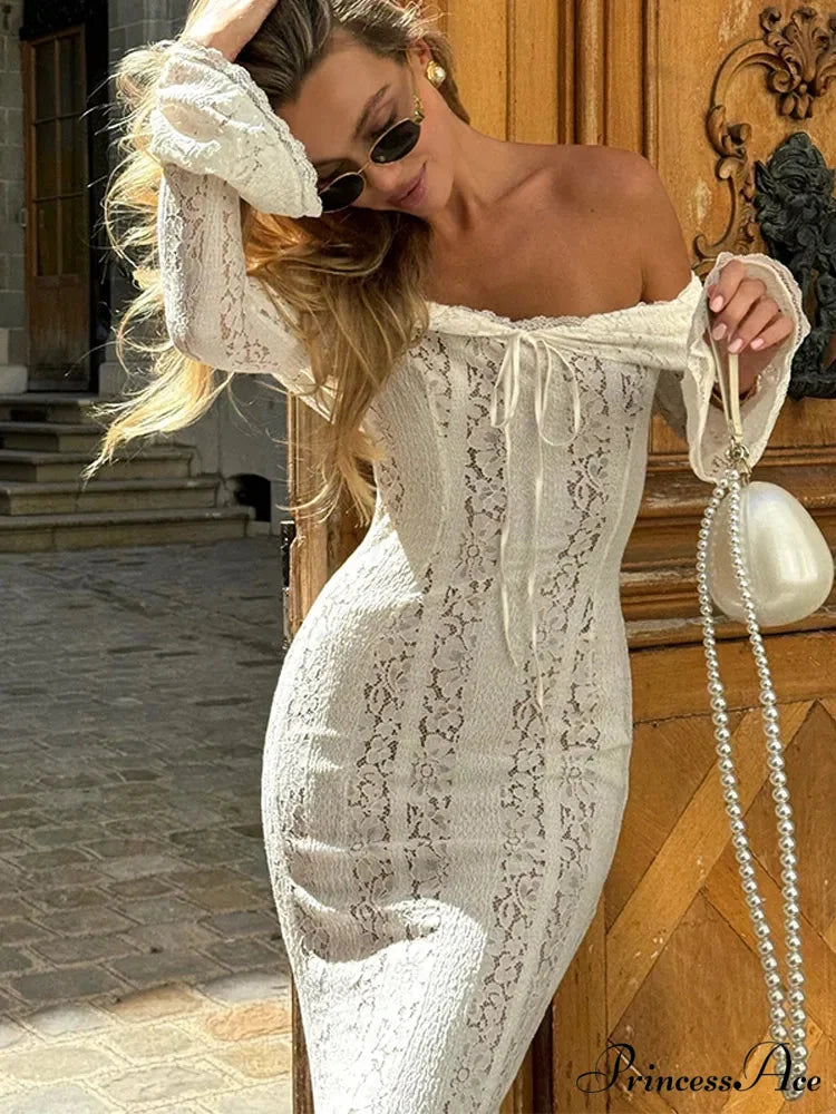 Graceful Lace Mesh Transparent Floral Bodycon Hollow Out Floral Dress White 2 / S floraldress-250126