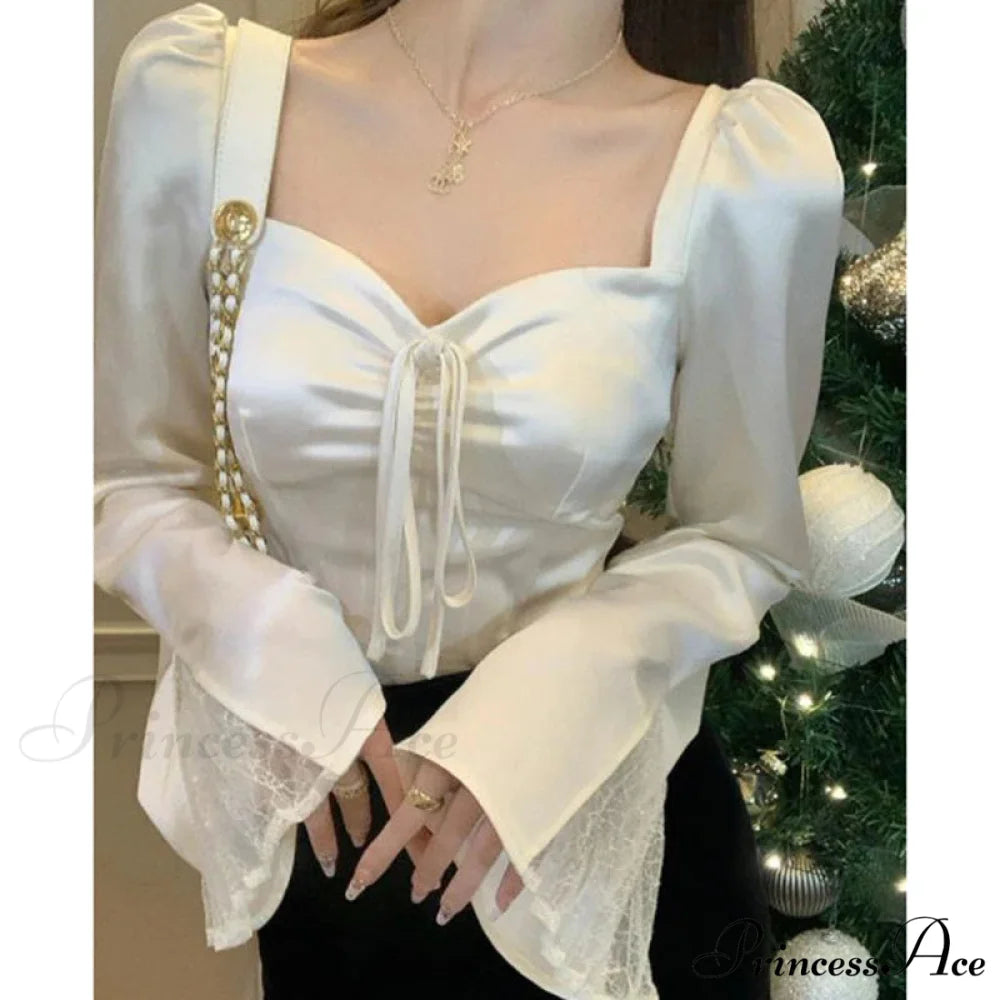 Graceful Lace Patchwork Flounce Sleeve Seductive Slender Blouse WHITE / S blouse-250126