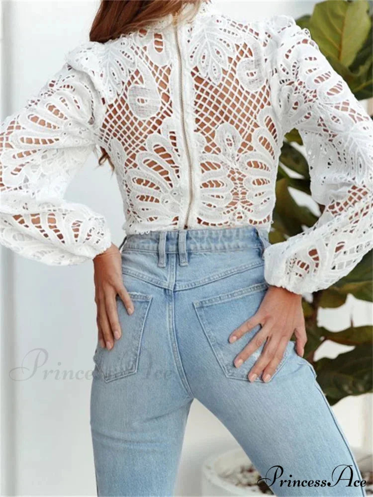 Graceful Lace Puff Sleeve Trim Fit Crop Blouse blouse-250126