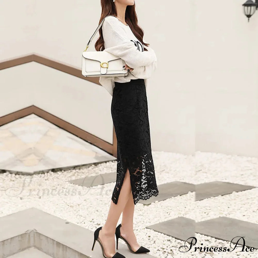 Graceful Lace Skirt with Dual Slits Flattering Extended Size Skirt Black / M skirt-250126