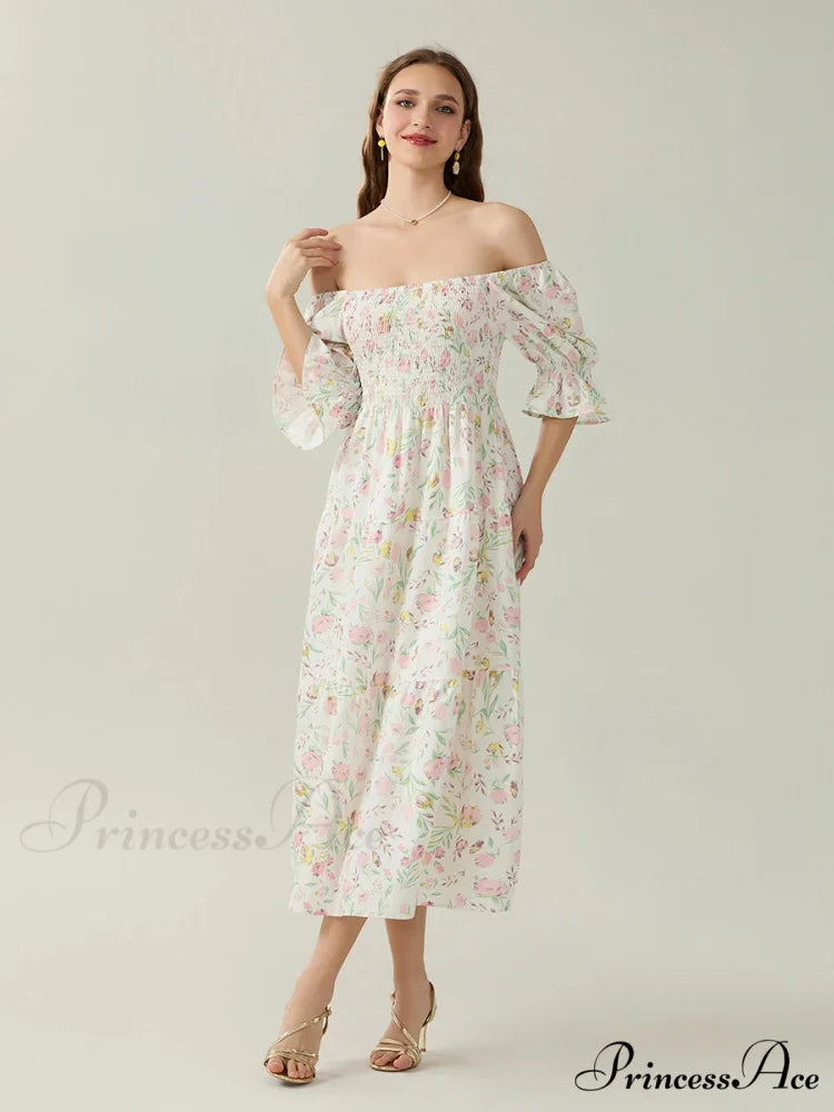 Graceful Off-Shoulder Celebration Half Sleeve Square Neck A-line Floral Dress floraldress-250126