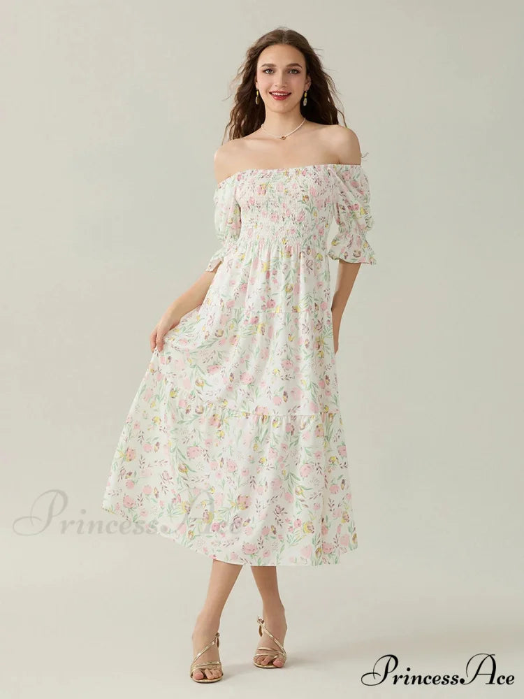 Graceful Off-Shoulder Celebration Half Sleeve Square Neck A-line Floral Dress floraldress-250126