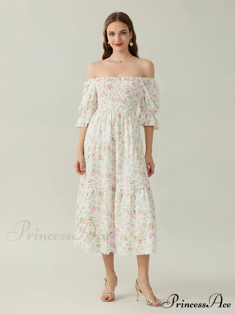 Graceful Off-Shoulder Celebration Half Sleeve Square Neck A-line Floral Dress floraldress-250126