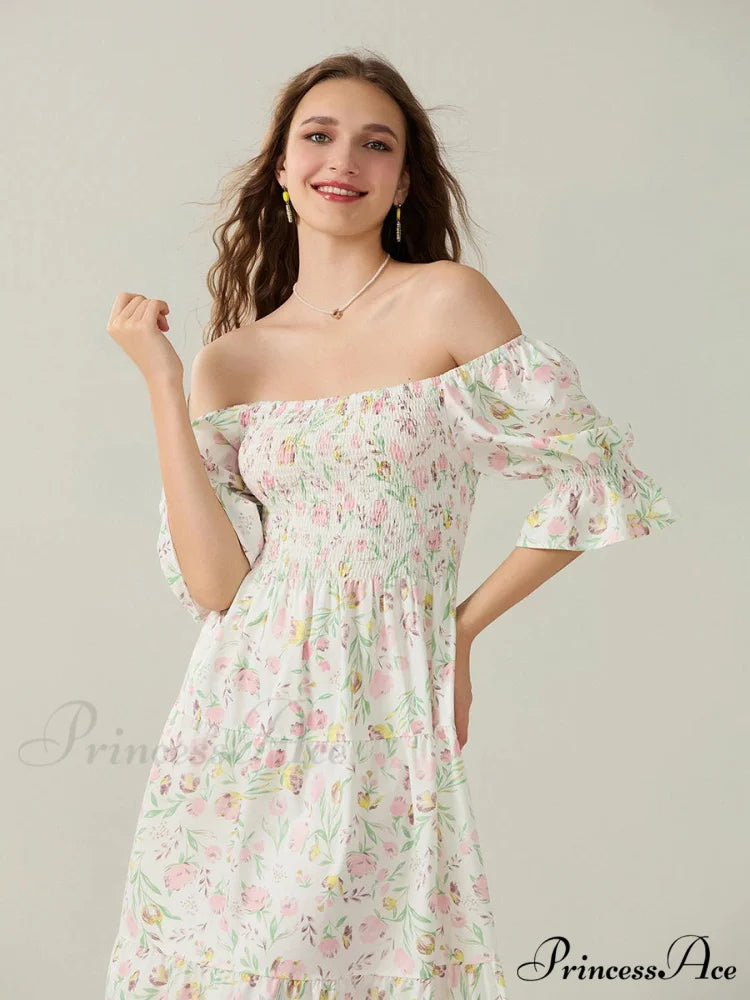 Graceful Off-Shoulder Celebration Half Sleeve Square Neck A-line Floral Dress floraldress-250126