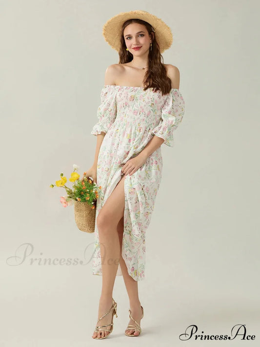 Graceful Off-Shoulder Celebration Half Sleeve Square Neck A-line Floral Dress floraldress-250126