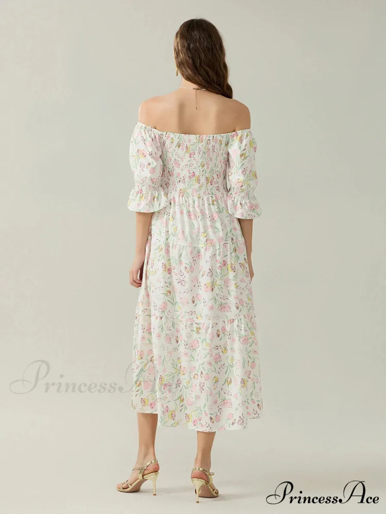 Graceful Off-Shoulder Celebration Half Sleeve Square Neck A-line Floral Dress floraldress-250126