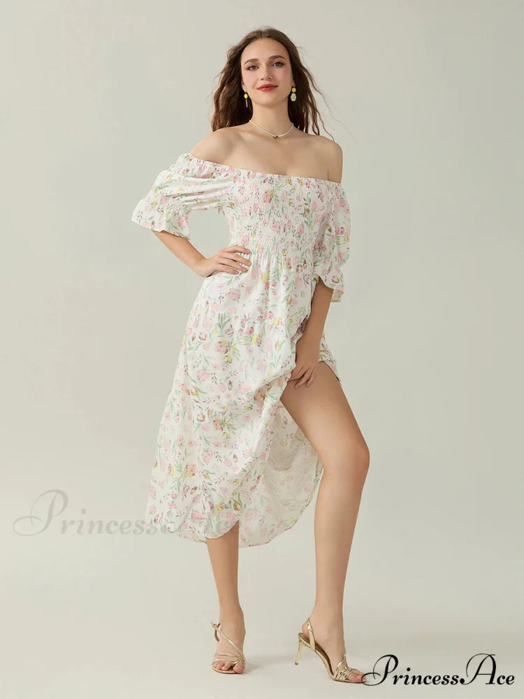 Graceful Off-Shoulder Celebration Half Sleeve Square Neck A-line Floral Dress WHITE / S floraldress-250126