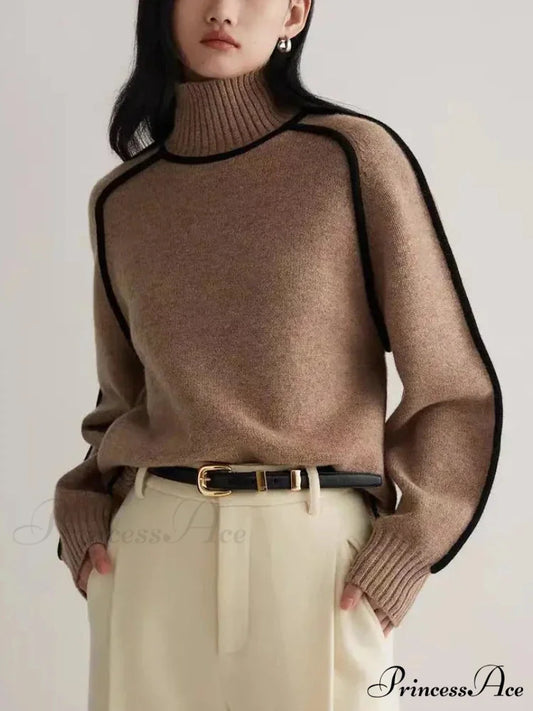 Graceful Semi High Neck Merging Sweater coffee / S swraters-241228