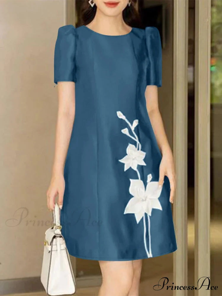 Graceful Silk A-line Floral Gown Blue / S oldfloraldress-250126