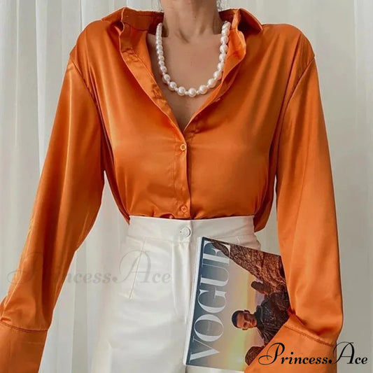 Graceful Silk Azure Long Sleeve Retro Blouse Orange / S blouse-250126