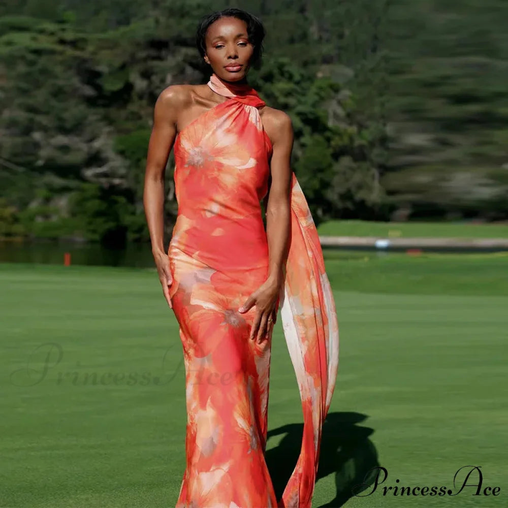 Graceful Silk Halter Holiday Gown Red / S vacationdress-250223