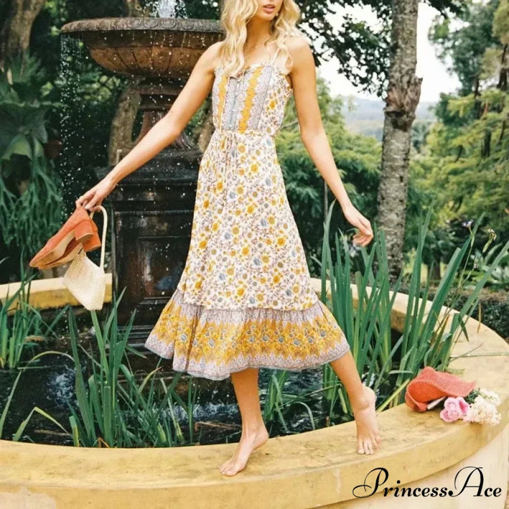 Graceful Sleeveless Flower Rayon Cotton Midi Boho Dress YELLOW / S bohodress-250126