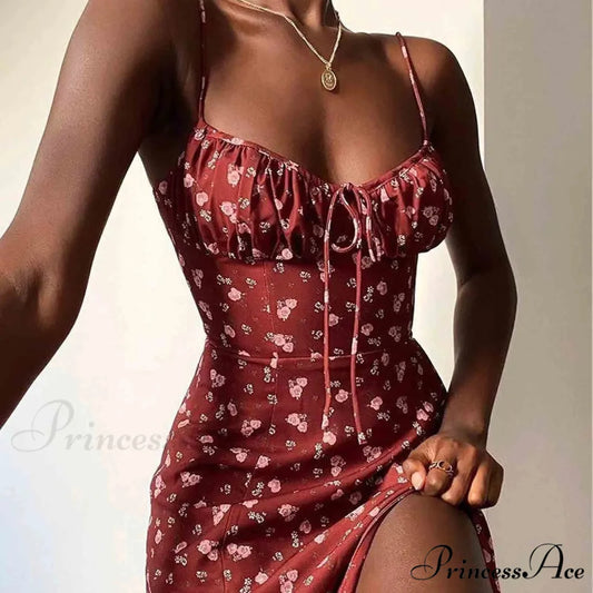 Graceful Spaghetti Strap V-Neck Floral Print Dress floraldress-250126