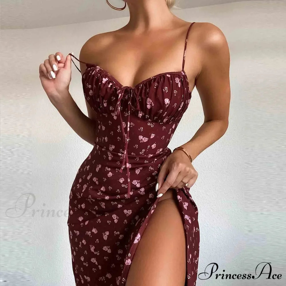 Graceful Spaghetti Strap V-Neck Floral Print Dress Red / S floraldress-250126