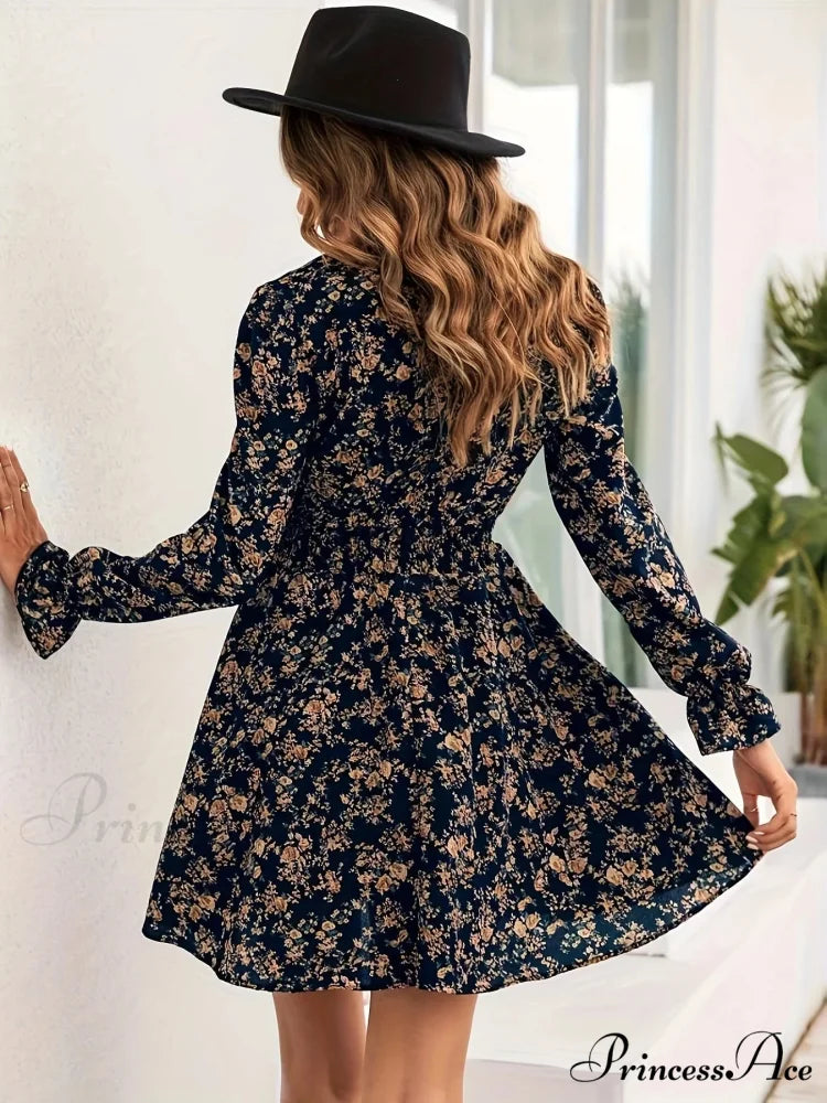 Graceful Spring Autumn Flower Pattern A-line Flower Dress oldfloraldress-250126