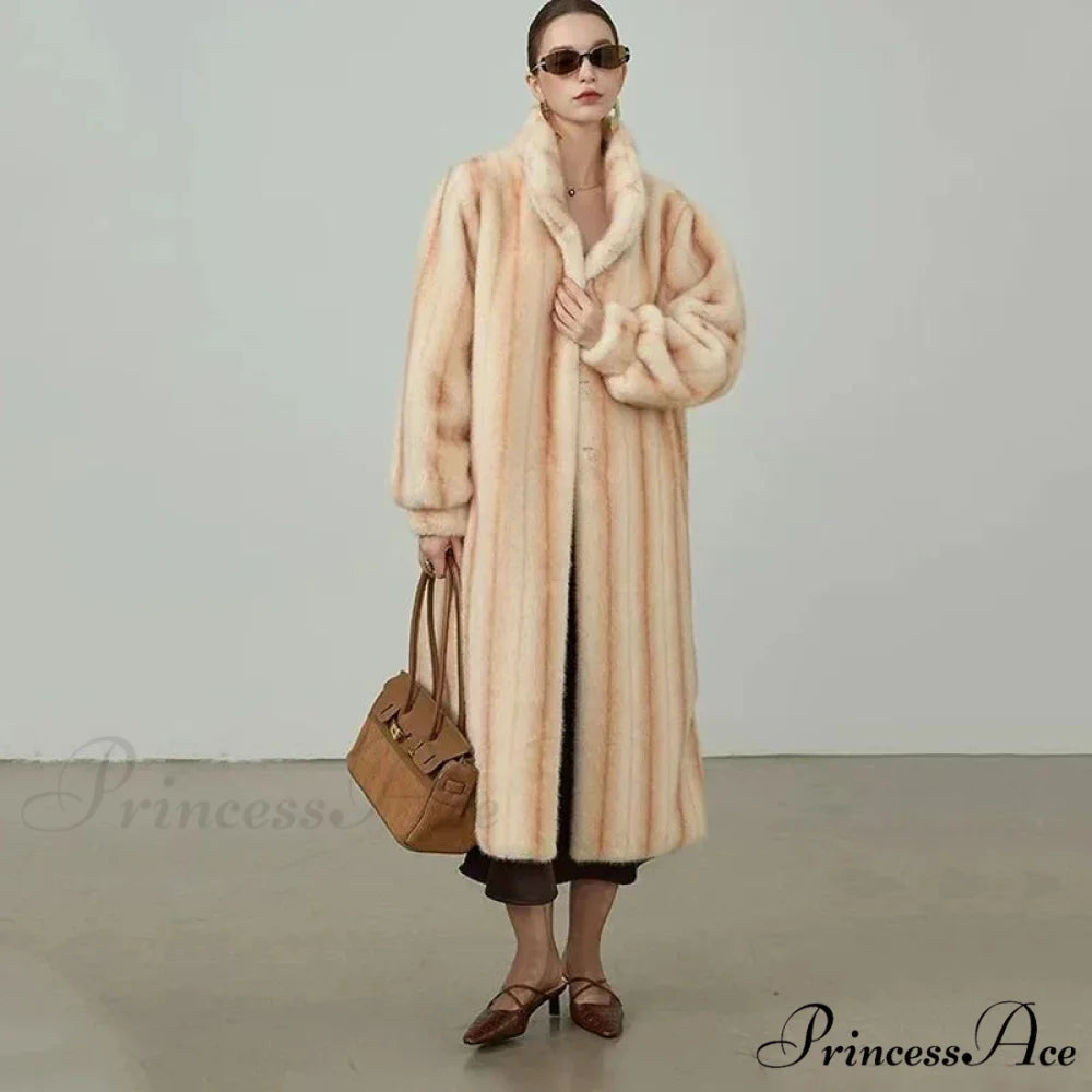 Graceful Upright Neckband Artificial Fur Mink Overcoat beige 1 / S overcoats-241228