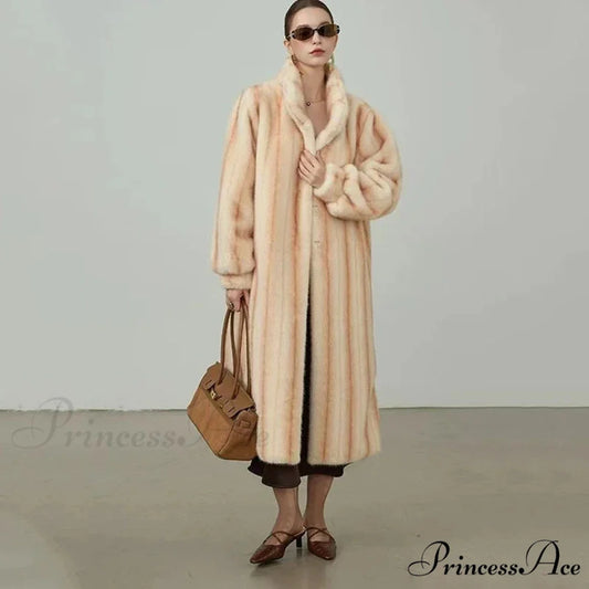 Graceful Upright Neckband Artificial Fur Mink Overcoat beige 1 / S overcoats-241228