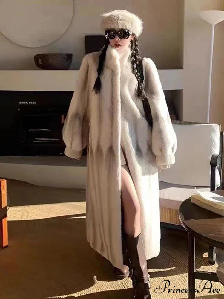 Graceful Upright Neckband Artificial Fur Mink Overcoat beige 2 / S overcoats-241228