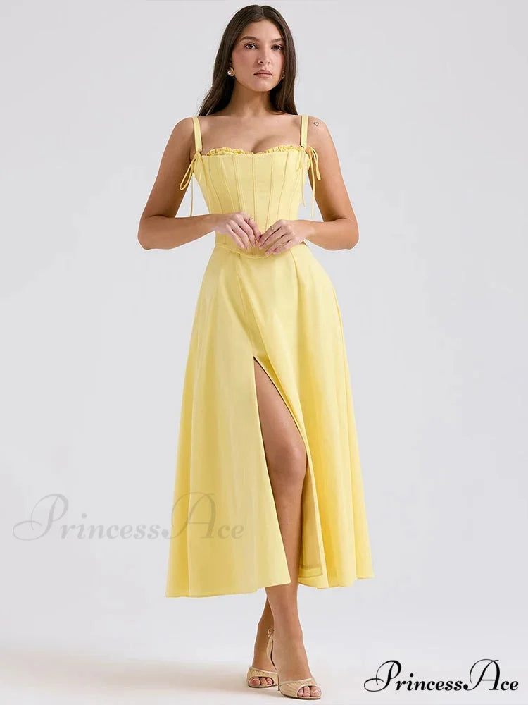 Graceful Waist Encircle A-line Holiday Dress Yellow / S vacationdress-250223