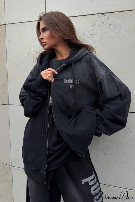 Gradient Letter Distressed Zip Hoodie