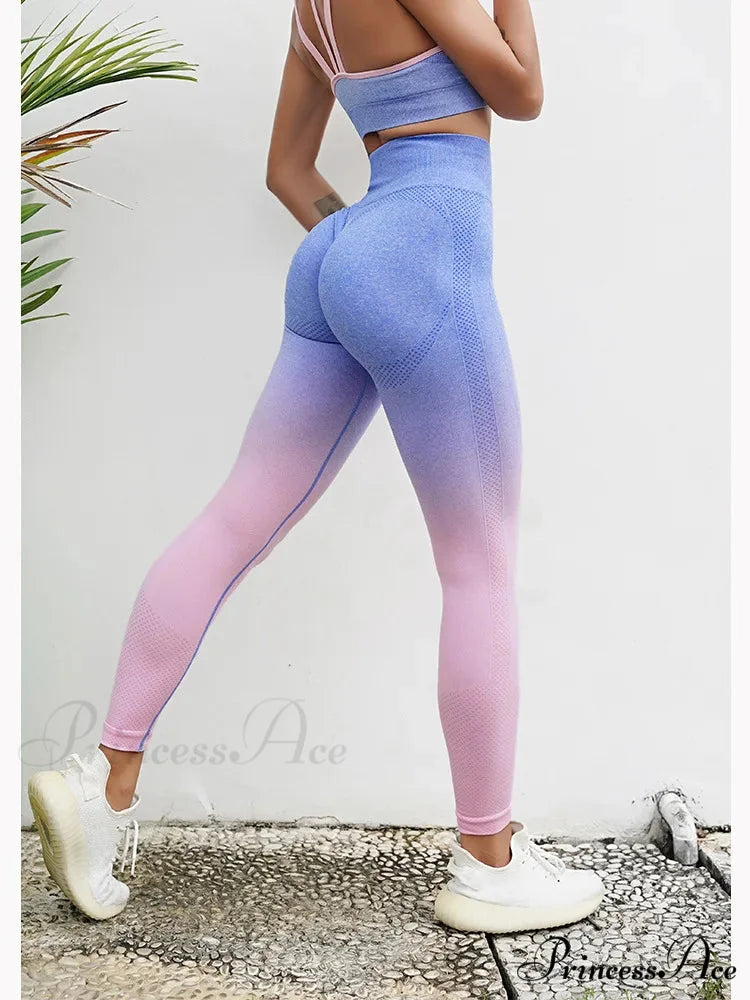 Gradient Waist Fitness Seamless Push Up Yoga Legging Blue Purple / S