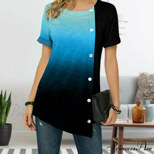 Gradient with Patchwork T-Shirt Irregular Design Light Blue / S